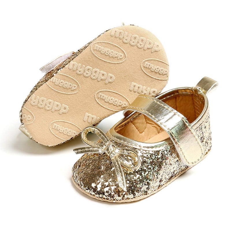 OAISNIT Baby Girl Mary Jane Flats Sparkly Soft Infant Princess Dress Crib Shoes with Headband (12-18 Months Toddler, 3-Gold) - Image 4